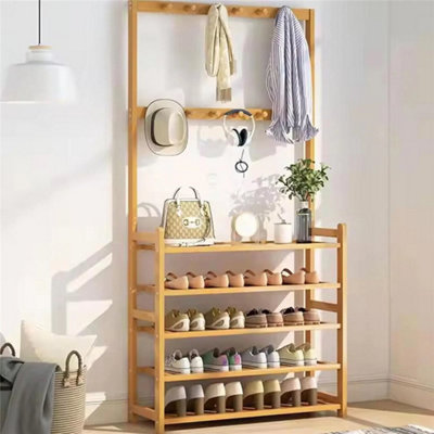  - Natural Bamboo Garment Coat Rack Clothes Stand Hanger Shoe Rack Storage Shelf