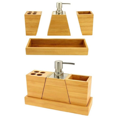 4 Piece Bamboo Bathroom Accessory Set Dispenser Tumbler Toothbrush Holder from B&Q
