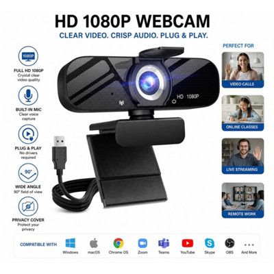 1080P Hd Webcam Usb Auto Focus Camera Built-In Mic Laptop Pc Streaming from B&Q