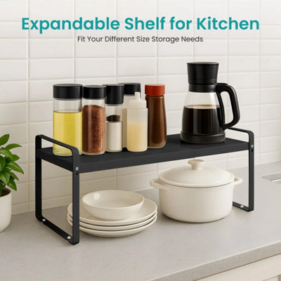 2 Tier Expandable Kitchen Cupboard Organiser Shelf Black