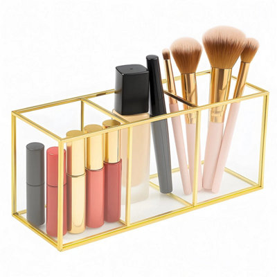 Makeup Brush Holder 3-Compartment Glass And Brass Cosmetic Storage