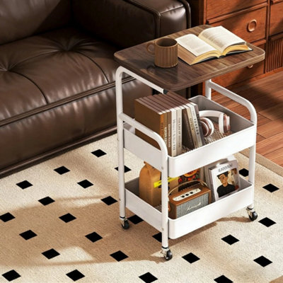 3 Tier Rolling Storage Trolley Kitchen Utility Rack Tray Shelf With Table Top White