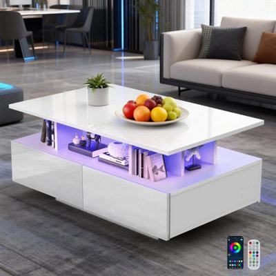  - High Gloss Led Coffee Table With Storage Wooden 2 Drawer Living Room