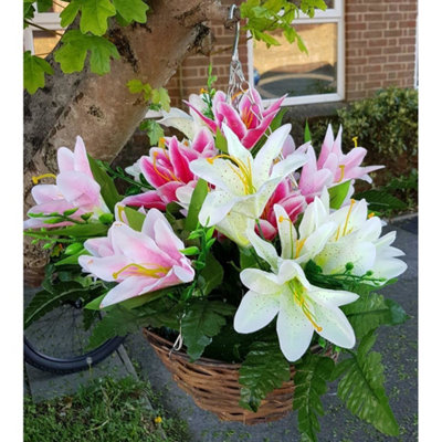 Artificial Hanging Basket Flowers Lily Plants Bespoke Garden Ivy Leaf Fern Rose2 Basket Display