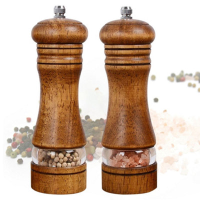  - Set Of 2 Oak Wooden Manual Pepper Grinder Salt Spice Herb Mill Refillable