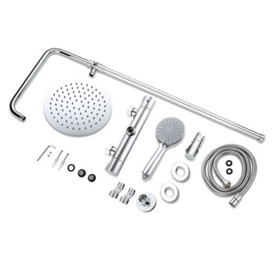 Chrome Round Thermostatic Exposed Shower Mixer Bathroom Dual-Head Shower Set