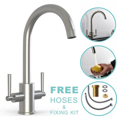 Modern Kitchen Sink Mixer Taps Swivel Spout Twin Lever Tap Mono Brushed Faucet from B&Q