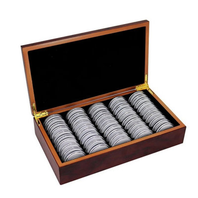  - 50Pcs 46mm Coin Capsules Round Plastic Coin Holder W/ Wooden Storage Case Box