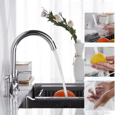 - Modern Dual Lever Chrome Kitchen Sink Mixer Taps 2 Hole Deck Mounted Tap Faucet