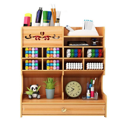  - 01  Wooden Office Desk Pen Pencil Holder Storage Organizer Tidy Shelf W/ Drawer