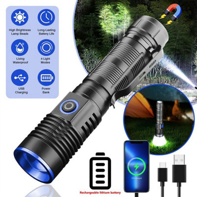 Super Bright Led Flashlight 35000000Lm Tactical Torch Zoom Rechargeable 4 Modes from B&Q