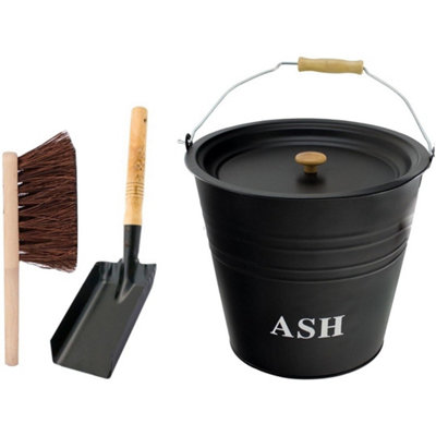 12L Metal Ash Bucket With Lid Shovel Brush Fireplace Coal Storage Bin from B&Q