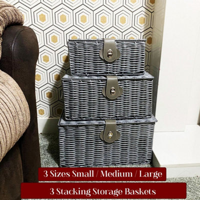 3Pcs Grey Lockable Lidded Resin Woven Storage Hamper Uk from B&Q