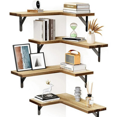 Brown 4Pcs Corner Floating Shelves Wall Mounted Wooden Storage Display from B&Q