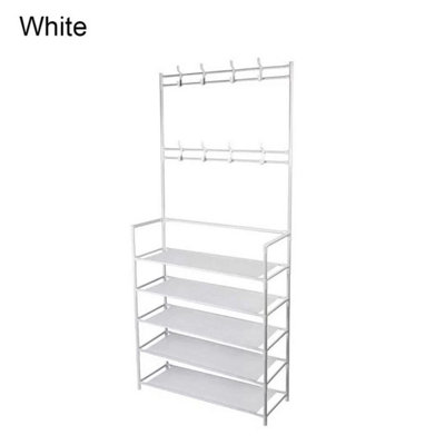  - White 5 Tiers 8 Hooks Hat & Coat Hanger Stand Shoe Rack Metal Shelf Storage Organiser