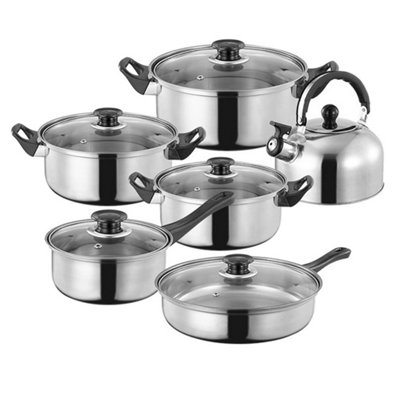 12Pc Stainless Steel Cookware Saucepan Frypan Casserole Set With Glass Lid New