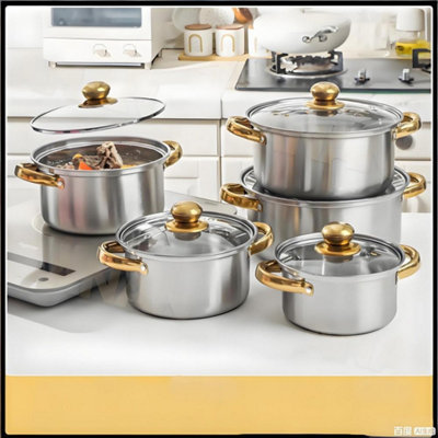  - 10Pcs Induction Non Stick Stainless Steel Cookware Cooking Pot Pan With Lids Set