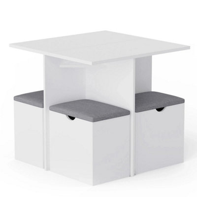  - White Wooden Dining Table And Chairs Set With Storage Cushion Space Saving