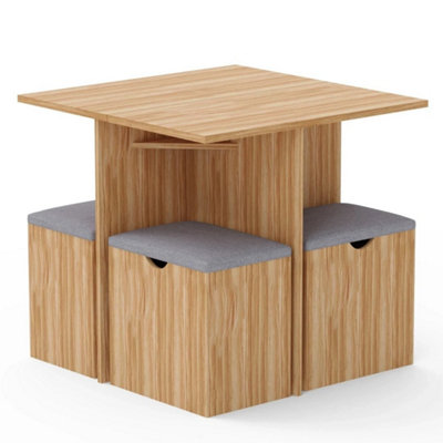  - Oak Wooden Dining Table And Chairs Set With Storage Cushion Space Saving