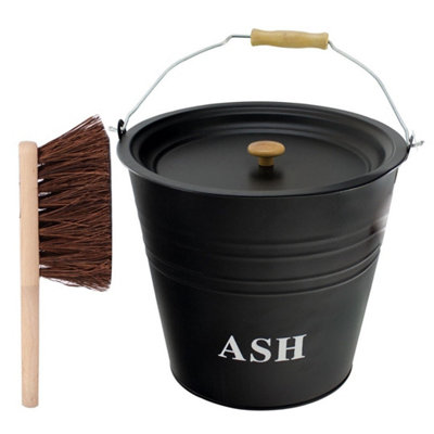 12L Metal Ash Bucket With Lid & Brush Fireplace Coal Storage Bin from B&Q