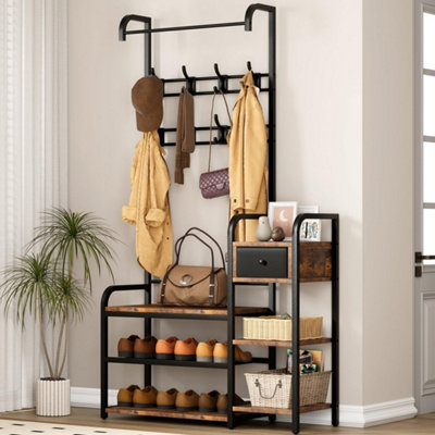 - Hall Tree With Storage Bench Drawer 8 Hooks Shoe Rack 2-Tier Shelf