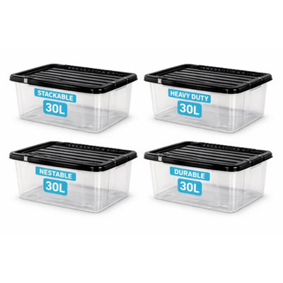4 Pack 30L Clear Plastic Storage Boxes With Black Lids Stackable from B&Q