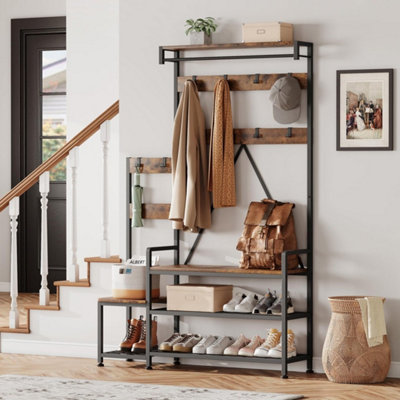  - Hall Tree With Bench 10 Hooks Shoe Storage Freestanding Coat Rack
