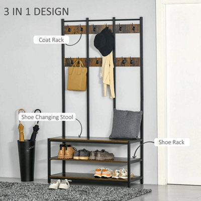 Large Rustic Coat Rack Shoe Rack Seat Entryway Hall Tree Rail Shoe Bench Shelves from B&Q