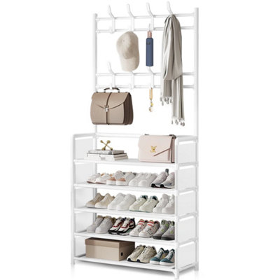  - Upgraded Coat Hat Stand 8 Hooks Metal Shoe Rack 5 Tiers Shelf Hanger Side Choth