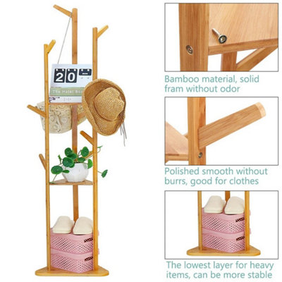  - Wooden Coat Hat Hanger Stand 10 Hooks Floor Standing Clothes Bags Umbrella Rack