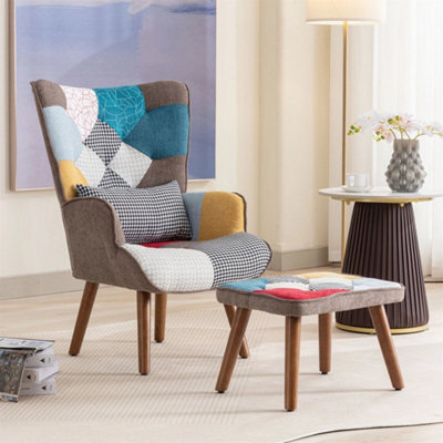 Patchwork Lounge Chair Fabric Upholstered High Back Accent Armchair W/ Footstool