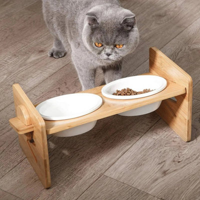  - Double Bowl Cat Dog Bowl Raised Bamboo Stand Puppy Kitten Pet Feeder Feeding Food And Water