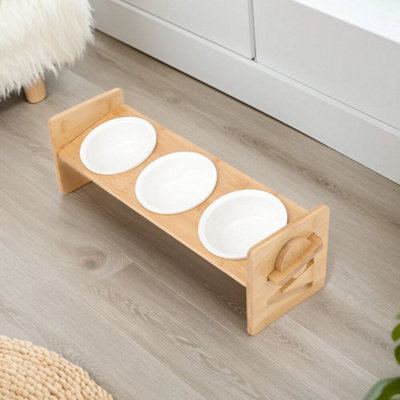 - Triple Bowl Cat Dog Bowl Raised Bamboo Stand Puppy Kitten Pet Feeder Feeding Food And Water