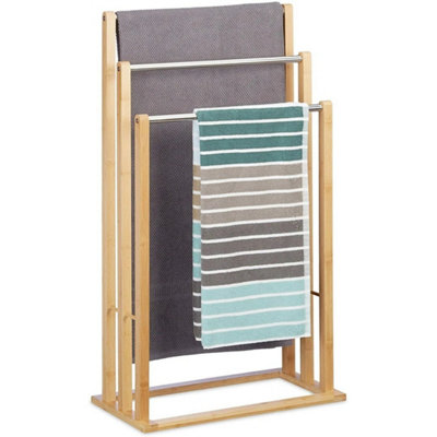  - Bamboo Wooden 3-Tier Steel Poles Towel Rail Holder Freestanding Drying Stand