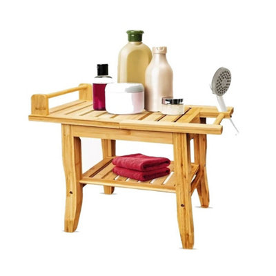 Durable 2-Tier Bamboo Bath Stool Shower Bench Organizer Spa Seat With Handle from B&Q