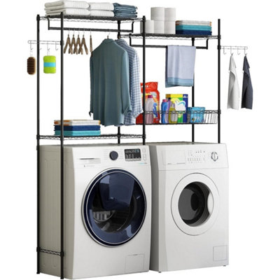  - 2-Tier Clothes Drying Rack Adjustable Laundry Storage Shelf Hanger Rail Hooks
