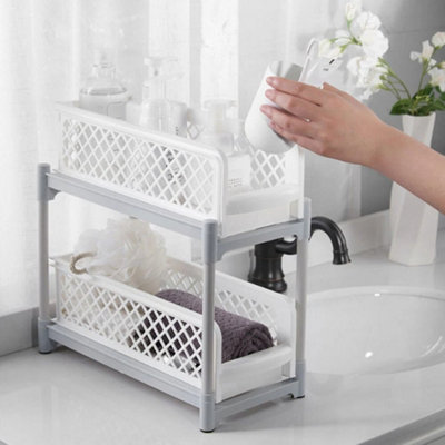  - Plastic White 2Tier Large Under Sink Pull-Out Drawer Storage Shelf Organizer Kitchen Bathroom