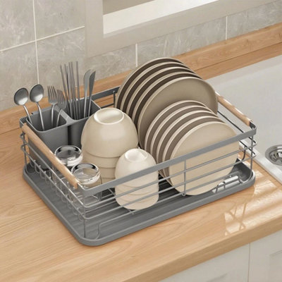  - Grey Dish Drainer Rack Kitchen Sink Washing Plates Draining Board Cutlery Holder Cups