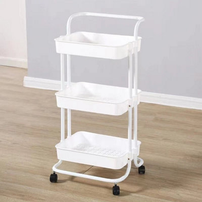 3 Tier Storage Trolley On Wheels Cart Kitchen Utility Rolling Rack Tray Shelf White