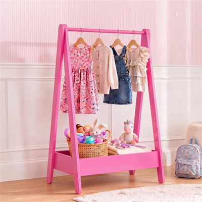  - Clothes Rack Hanging Rail Pine Wooden Coloured Coats Portable Hanger Pink