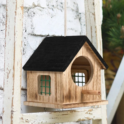  - Hanging Wooden Bird House Feeder Black