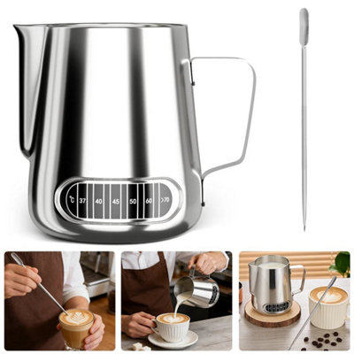 Stainless Steel Milk Jug Frothing Frother Coffee Latte Pitcher 600Ml Thermometer