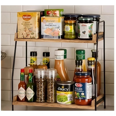  - 2 Tier Wooden Spice Jar Rack Coffee Shelf Organiser Kitchen