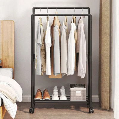  - Black Double Clothes Rail On Wheels Garment Rack With Shoe Shelf