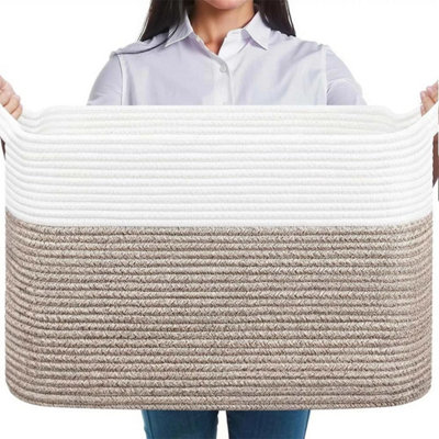  - Large Storage Basket Woven Cotton Rope Collapsible Laundry Basket With Handles White&brown