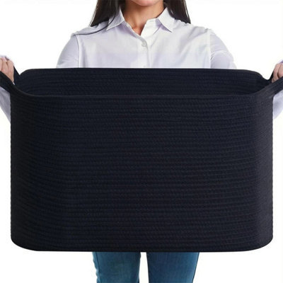  - Large Storage Basket Woven Cotton Rope Collapsible Laundry Basket With Handles Black