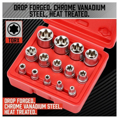  - E4-E24 14Pcs Female Torx Socket Set Star Hex External With Case
