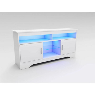  - 135Cm Tv Stand Cabinet White Tv Unit With Led Lights High Gloss Storage Doors