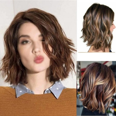 B&Q Womens Bob Short Curly Wavy Natural Hair Wigs Ombre Brown Cosplay Wig. Ladies