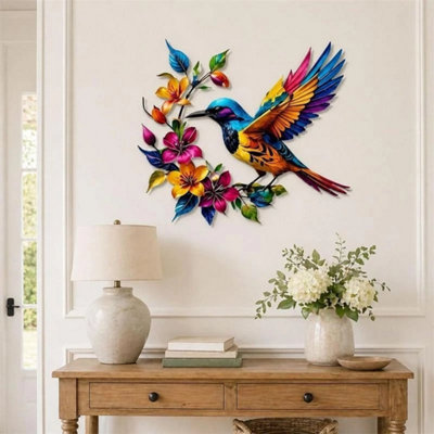  - Hummingbird Bloom Metal Wall Art,colorful Bird With Floral Accents Decoration